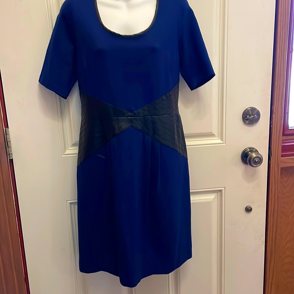 LYSSE Blue. Size Large Midi knit dress with short sleeves and black accents.
